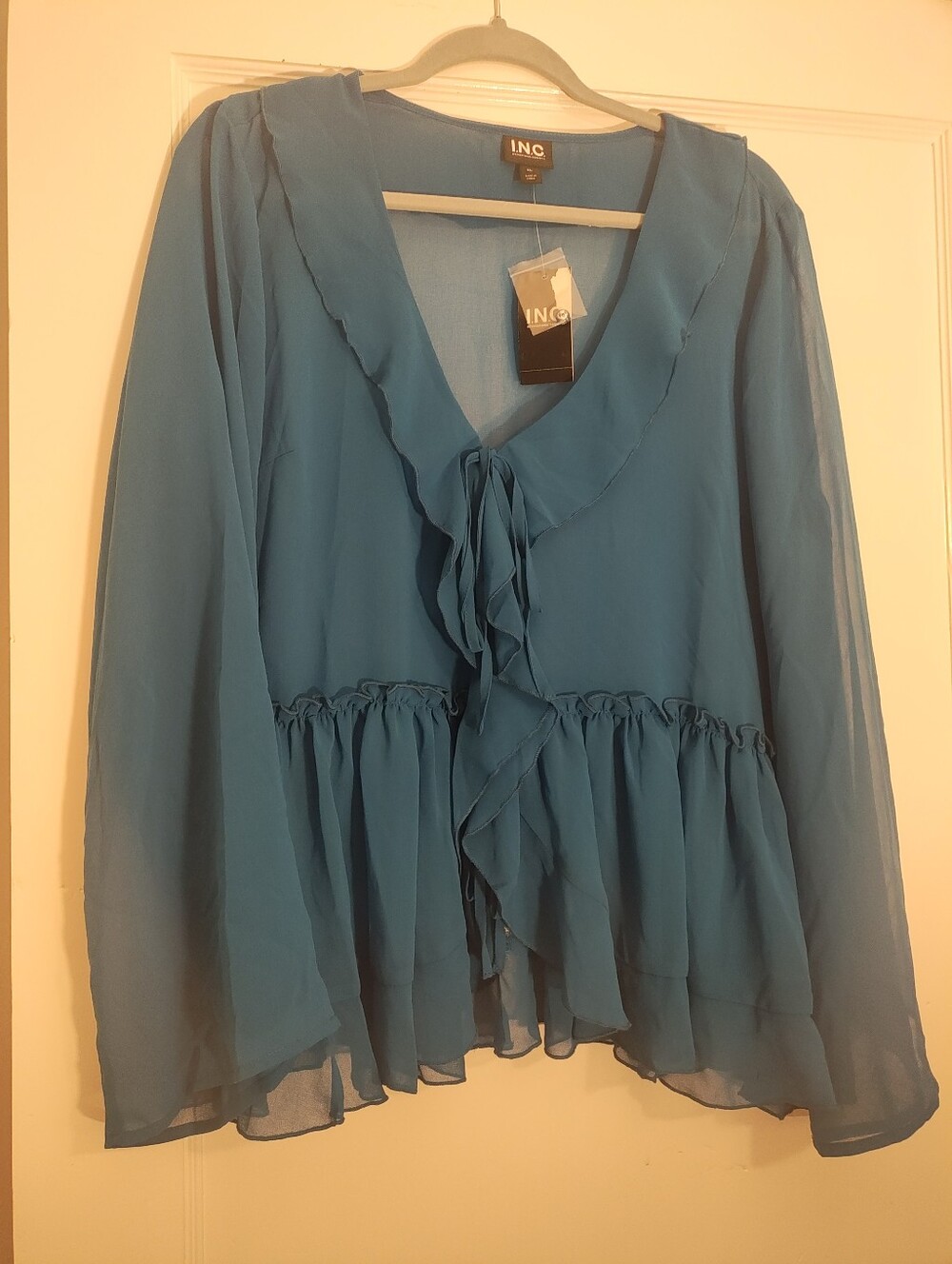 INC International Concepts XL Bijoux Blue Ruffle Peplum Chiffon Blouse NWT